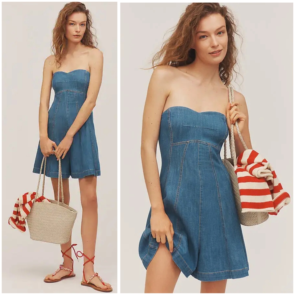 Anthropologie, Pilcro Strapless Denim Sweetheart Romper in Blue